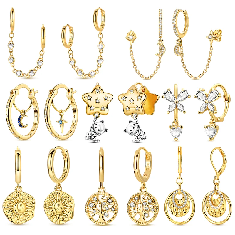 

925 Sterling Silver Earrings Women Sparkling Golden Star Moon Butterfly Cat Drop Earring For Anniversary Wedding Jewelry Gifts