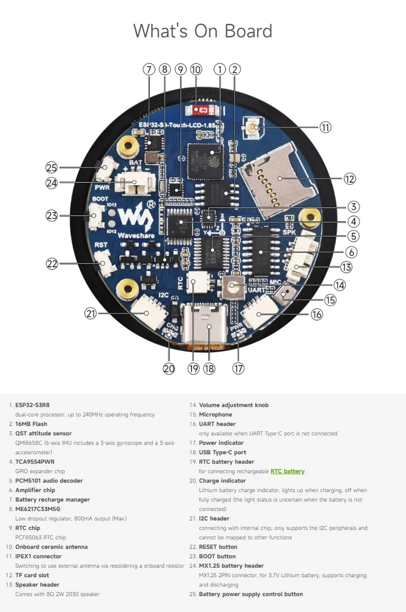 

ESP32-S3 1,85-дюймовый круглый ЖК-дисплей, 32-битный двухъядерный процессор LX7, поддержка 360x360, Wi-Fi и Bluetooth для LVGL Arduino