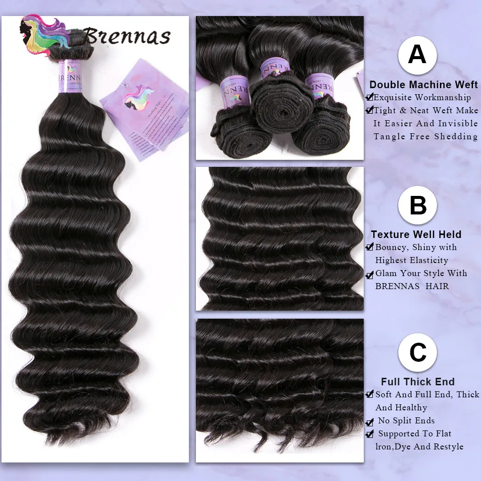 Extensiones de cabello humano brasileño para mujer, mechones de cabello humano suelto de onda profunda con cierre de encaje de 4x4, Color Natural, 4 unids/pack, 3 uds.