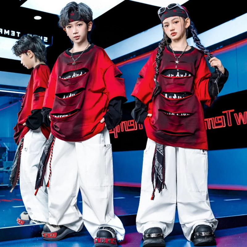 طفل الهيب هوب ملابس رقص صبي فتاة الجاز أداء الملابس كبيرة الحجم بلوزات بيضاء فضفاضة الشارع عرض الرقص مرحلة الملابس 4772 #1