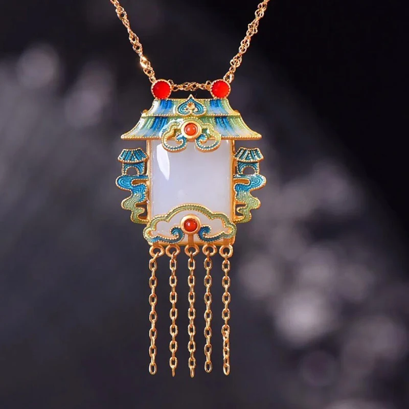 

Original Enamel Porcelain Inlaid Natural Hetian Jade Palace Pendant Ladies Necklace Chinese Style Elegant Delicate Jewelry