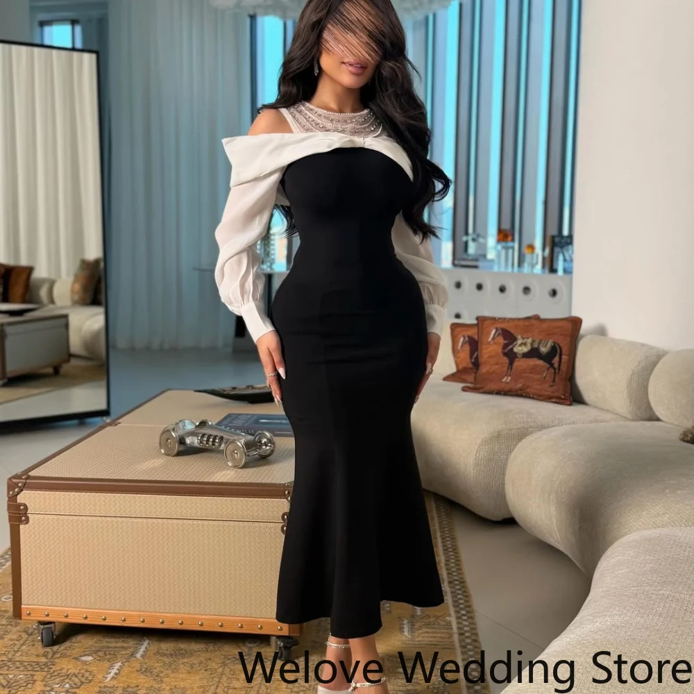 Customized Chic Black and White Formal Midi Dress Featuring an Off-the-Shoulder Neckline, Sheer Embellished Top