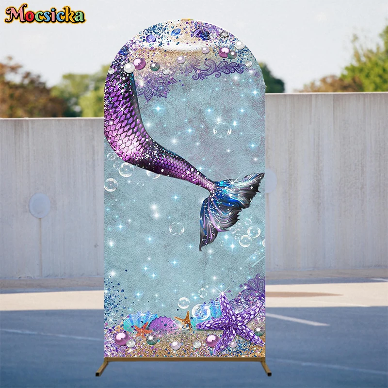 Mermaid Arch Background Photography Purple Scales Undersea Shells Children Baby Happy Birthday Backdrop Decor Props Photo Studio