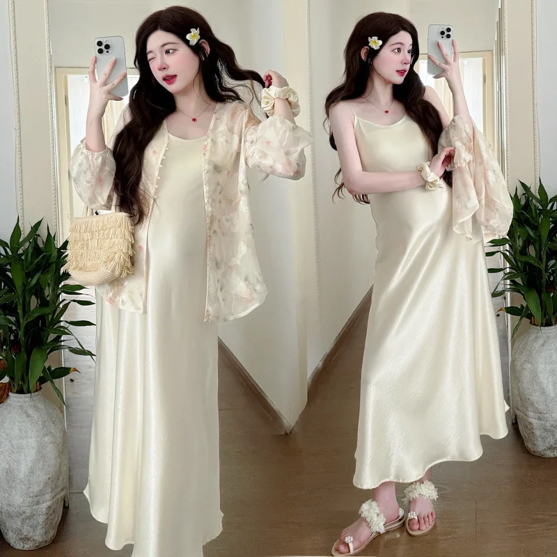 Maternity Suit Summer 2026 Chinese Style Flower Print Sheer Cardigan And Satin Spaghetti Strap Dress Ethnic Style For Pregnancy