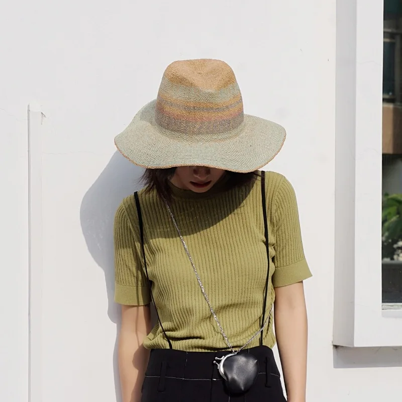 

2022 Panshi Korea Orders Mint Green Handmade Paper Straw Sun Hat Fedora Jazz Men Ladies Casual Wide Brim Panama Beach Straw Hat