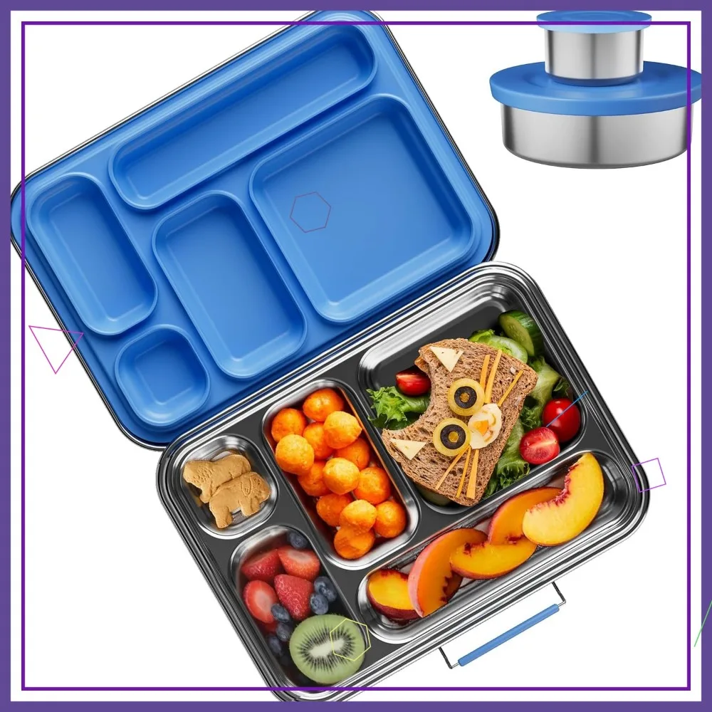 

Kids Stainless Steel Bento Box Leakproof BPA Free 5 Compartments for School Office Blue