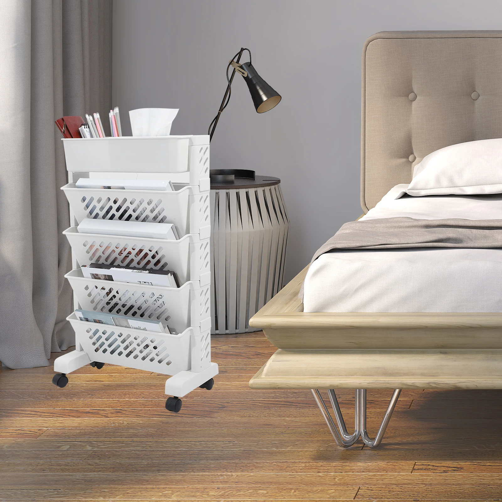 

Movable Desk Side Bookshelf White 4 1 Storage Rack Kids Room Rolling Bookcase Home ganizer Shelves With Wheel Strong Bearing