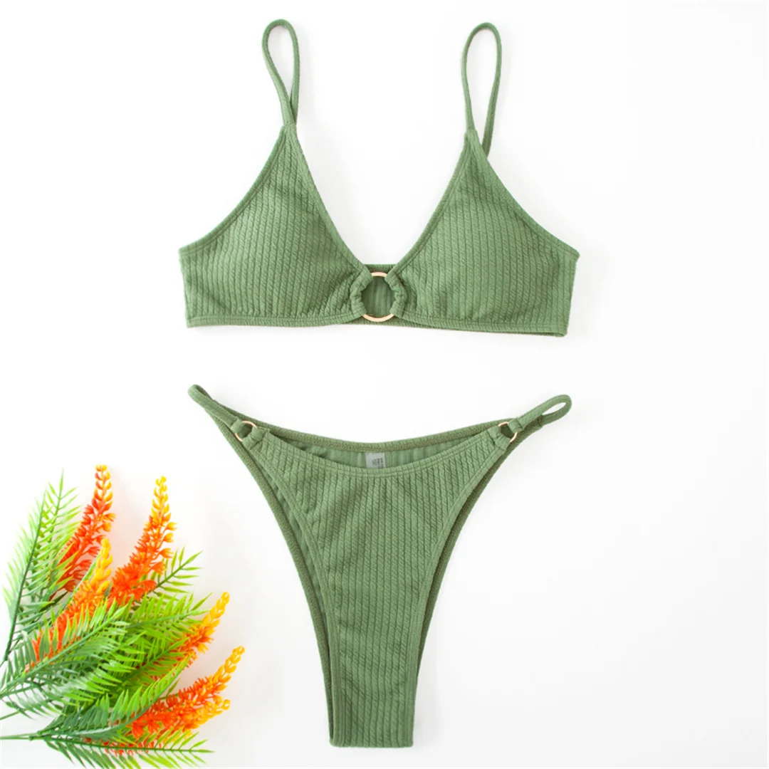 Gerippter Metallring-Bikini, zweiteiliger Damen-Badeanzug, Damen-Badebekleidung, hoch geschnittene Beine, gepolsterter Badeanzug, Badeanzug, Schwimmkleidung V7120 – Detail 19