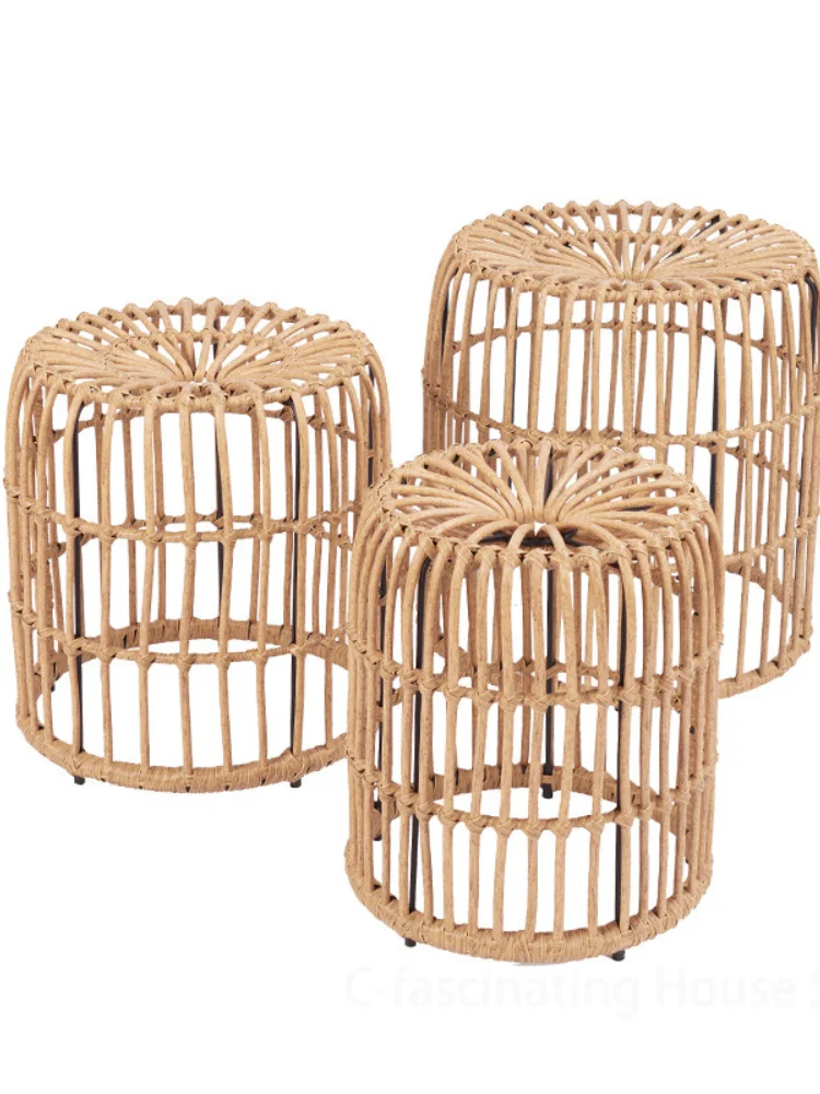 Nordic Hand-woven Stool Chair Small Rattan Chair Balcony Leisure Chair Short Stool Three-piece Home Outdoor Chair Bar Stool