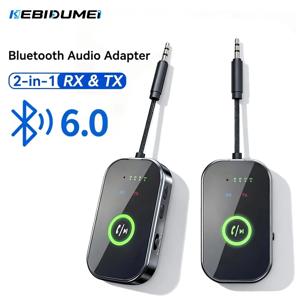 KEBIDUMEI Audio Receiver Wireless Transmitter Bluetooth 6.0 Adapter 2 in 1 3.5mm AUX Dual Device Adapter For Car Earphones TV
