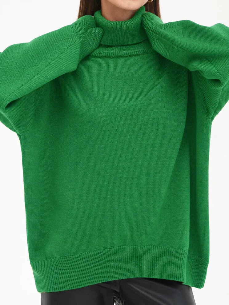 เสื้อสเวตเตอร์ถักไหมพรมสีพื้นทรงหลวม แขนยาว ผ้าโพลีเอสเตอร์ ความยาวปกติ สไตล์สตรีท