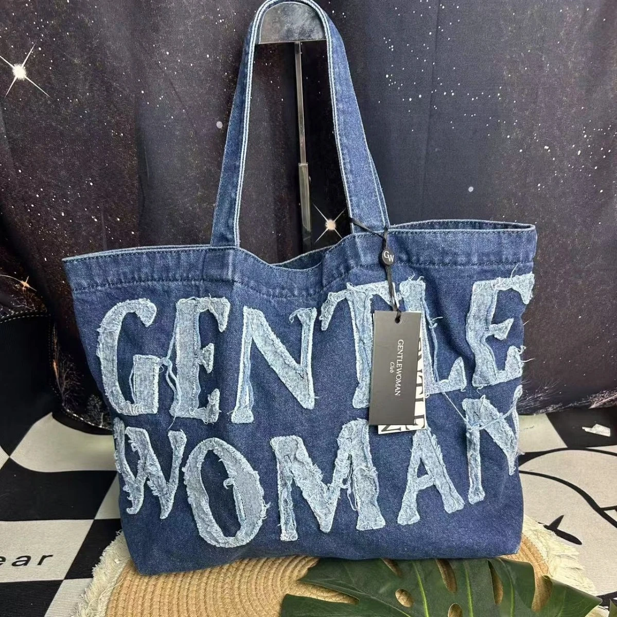 

Thailand tide Gentle Woman denim tote bag patch tassel letters large capacity shoulder bag