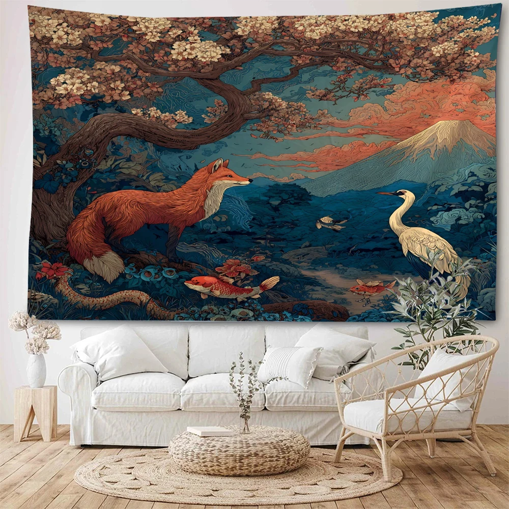 Japanese ukiyo-e fox illustration decorative tapestry, fox in the jungle, psychedelic fox decorative tapestry