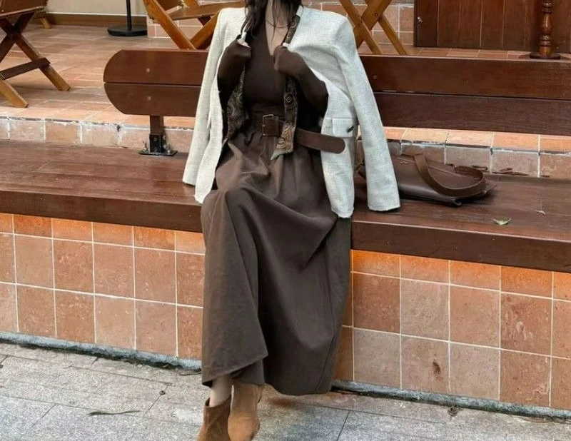 2025 Autumn New Fashionable Retro V-neck Solid Color Long Sleeved Dress with Feminine Temperament A-line Skirt