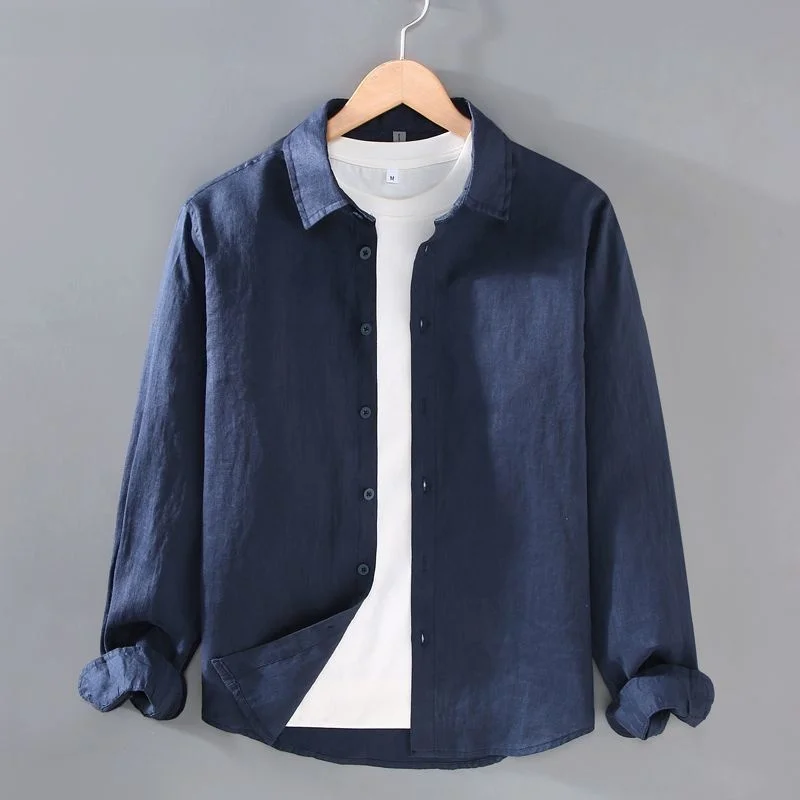 

Высококачественный длинный тканый льняной материал цвета све, мужской дышащий льняной материал, свободный крой, осенняя коллекция на подкладке, на пуговицах