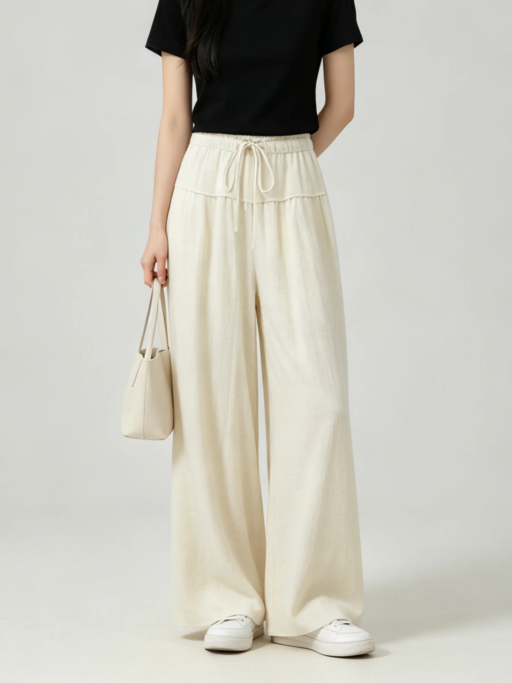 Simple Pure Color Loose Wide Leg Casual Pants Draping Summer Versatile Lazy Long Trousers for Women Breathable Comfortable