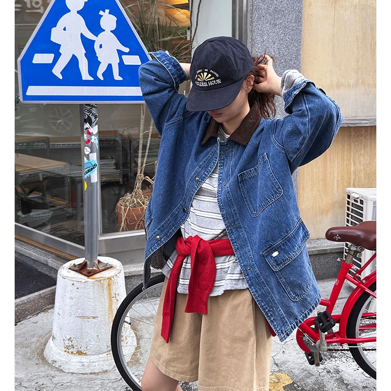 

Стильная корейская вельветовая джинсовая куртка в стиле колор-блок для женщин: весна, осень, зима, повседневная одежда, для школы, улицы, активного отдыха