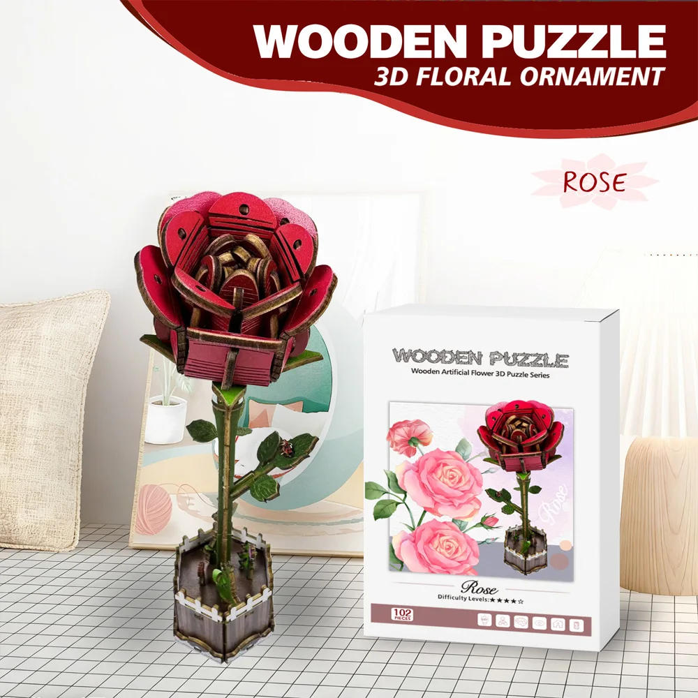 

3D Red Rose Wooden Puzzle DIY Flower Model Kit Adult & Kids Puzzle Game Home Decor Gifts HG80