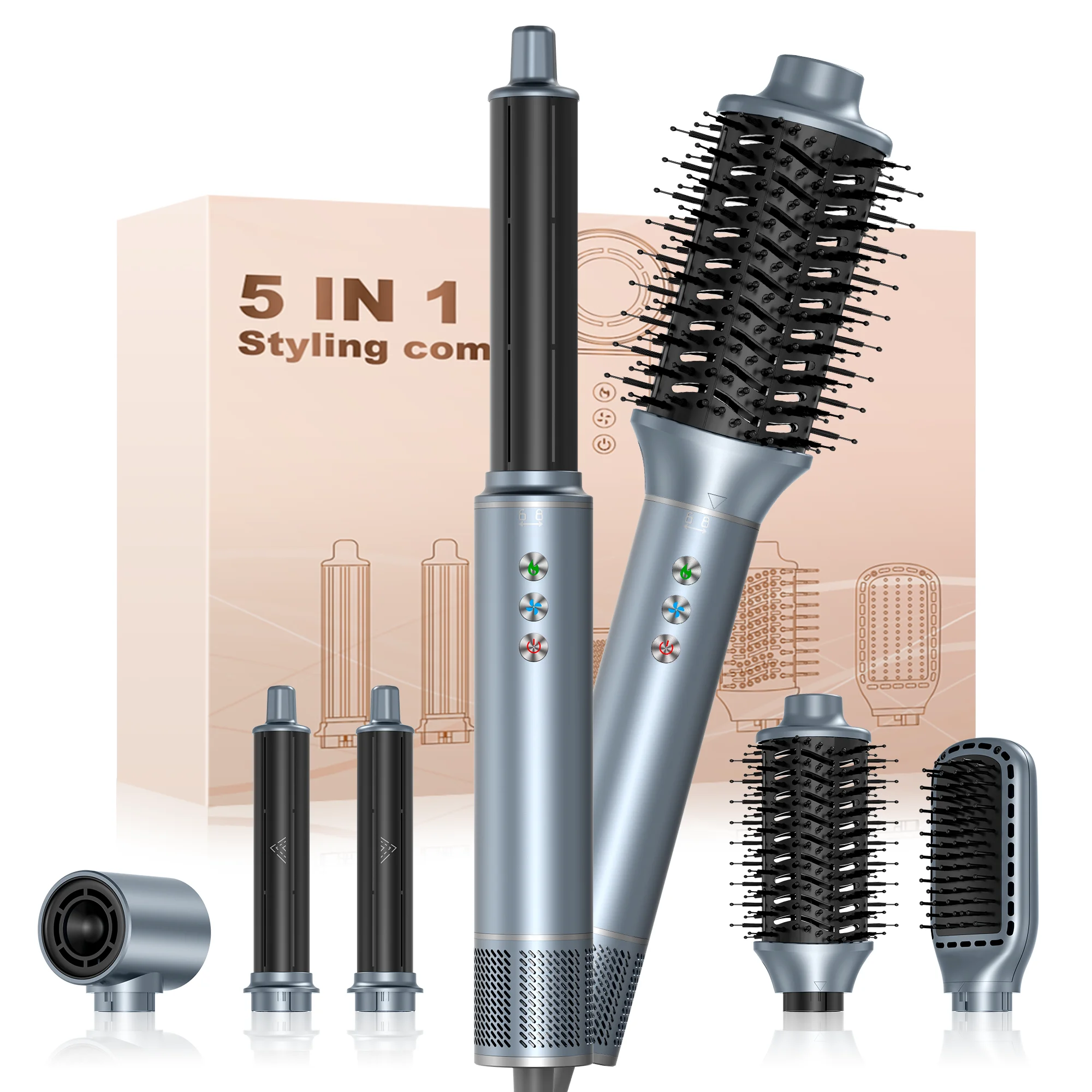 

5 in 1 Hair Styler Hot Air Brush Aluminum Mini Lightweight Design Negative Ionic Blow Dryer & Curling Iron Thermal Brush Set