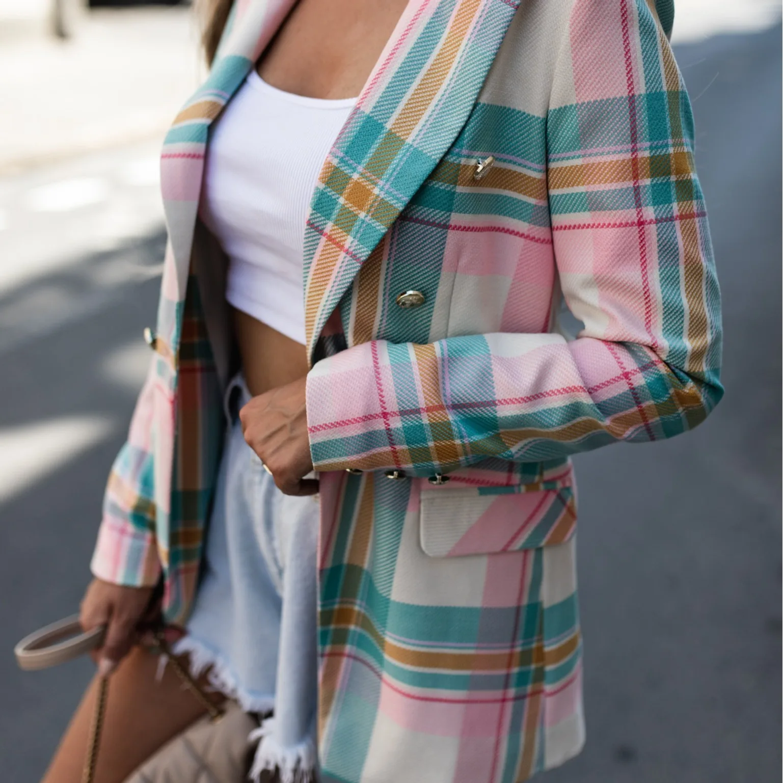 Fashion Plaid Print Coat Elegant Lapel Double Breasted Long Sleeved Contrasting Colors Jacket Autumn New Women Commuter Suit