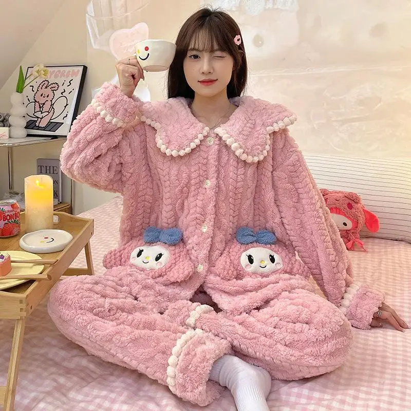 

Sanrio Girl коралловый флисовый откидной воротник с длинными рукавами, сохраняющий тепло, пижамный комплект, зимний комплект Kawaii My Melody Comic, утепленный комплект домашней одежды