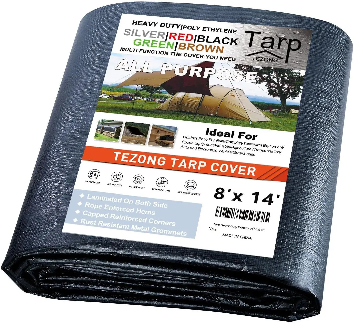 

Heavy Duty Waterproof 8x14ft Black Tarp, 12Mil Plastic Tarpaulin for Outdoor Cover, Emergency Rain Protection