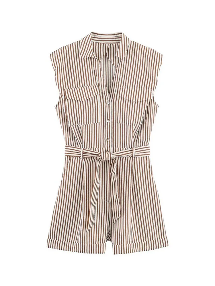 

Women Striped Playsuit 2026 Summer Fashion Sweet Turn-Down Collar Sashes Bow Female Elegant Street Rompers Overalls Clothes
