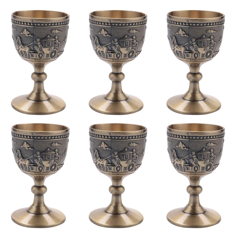 

6X Classical Metal Wine Cup Handmade Small Goblet Household Copper Wine Glass Carving Pattern