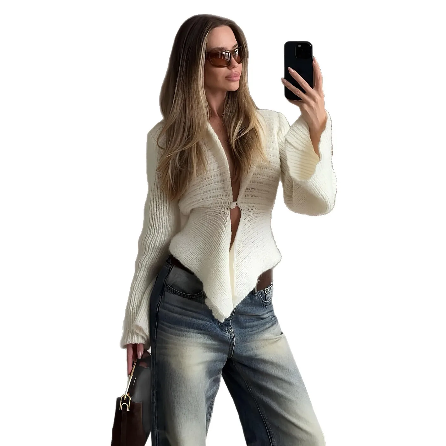 2025 New Fashion Knitted Button-down Shirt Women In Autumn Sexy And Elegant Solid Color Irregular V-neck Cardigan For Women