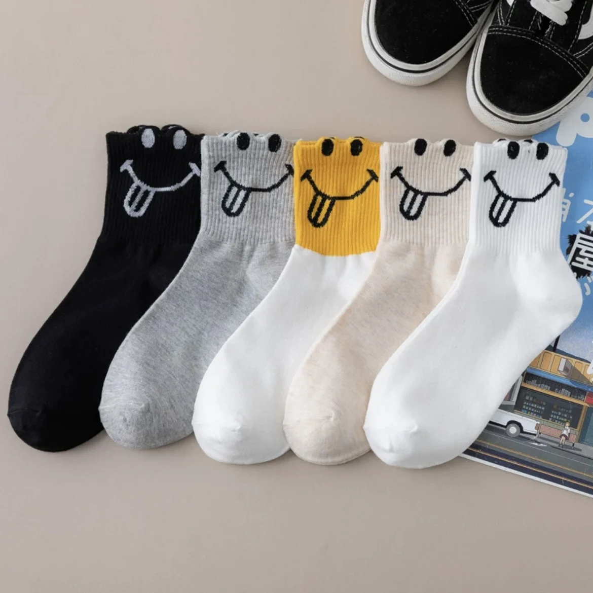 SP&CITY Korean Cute Face Printed Socks Women's Fashion Breathable Middle Tube Cotton Sock Sports Casual Daily Comfort Sock