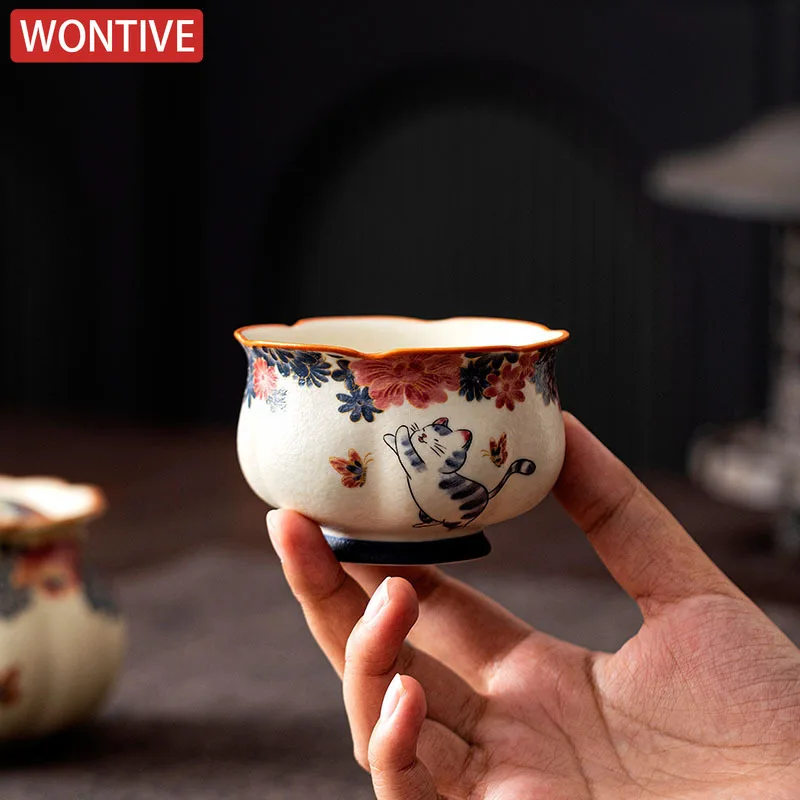 120ml Gold Drawing Prosperous Cat Flower Mouth Teacup Handmade Tea Bowl Jug Tea-tasting Fragrance Cup Jianzhan Master Cups Craft