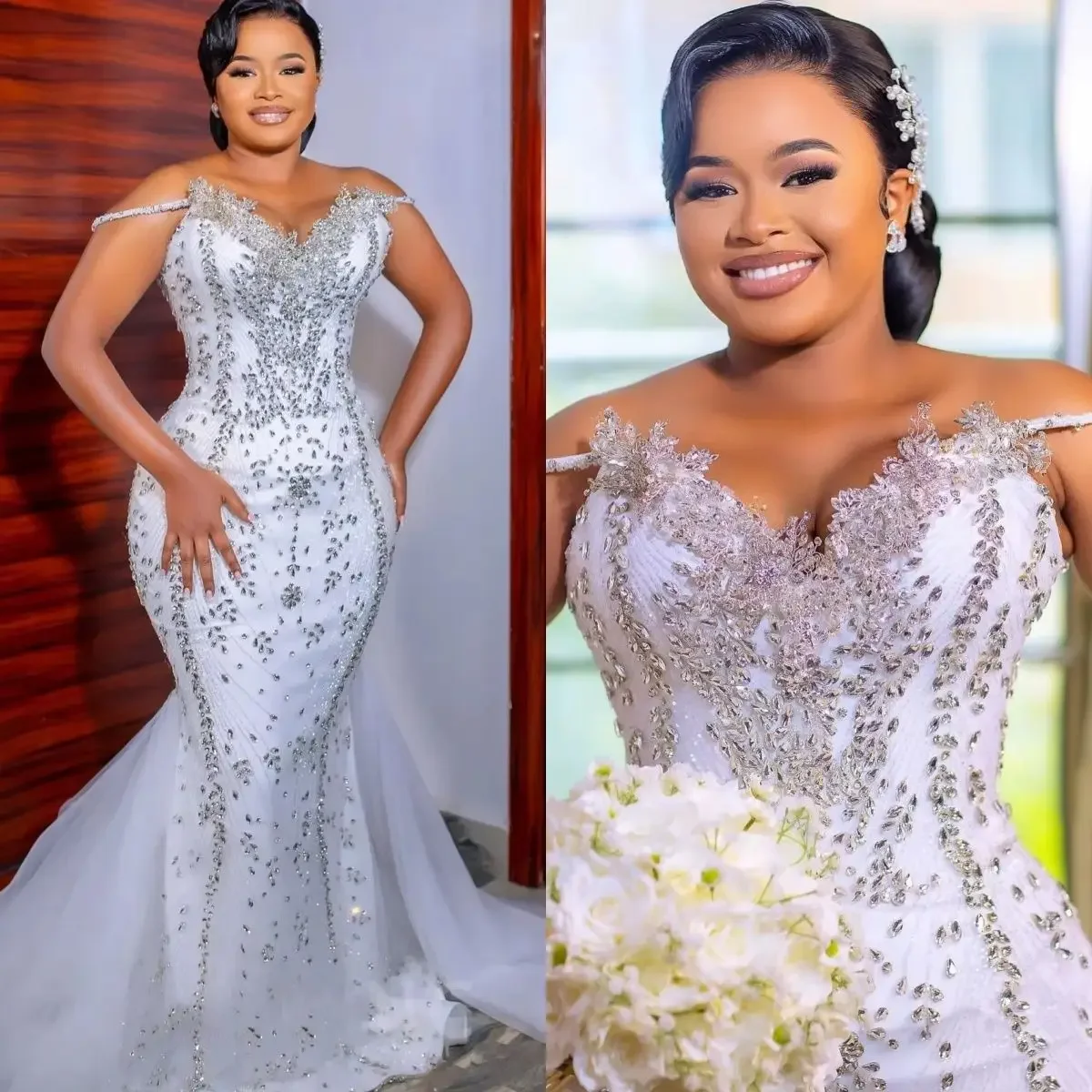 Maßgeschneiderte Brautkleider mit Kristallen, schulterfrei, Meerjungfrau-Brautkleider, ärmellos, maßgeschneidertes Prinzessin-Brautkleid mit Sweep-Zug