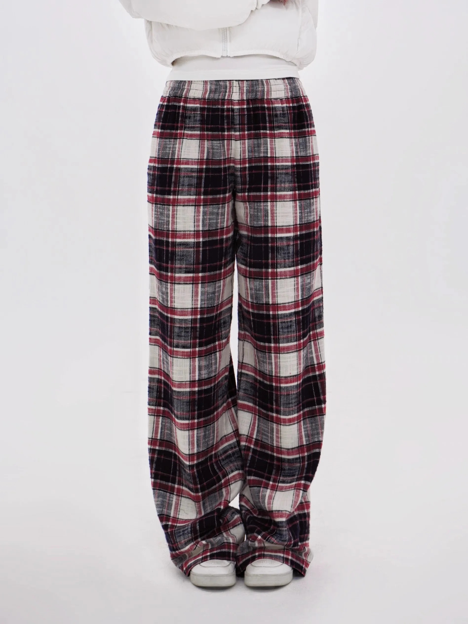 

Low Waist Vintage Plaid Pure Cotton Fce Casual Floor Length Pants Home Comfortable Trousers Straight Leg Pants for Women