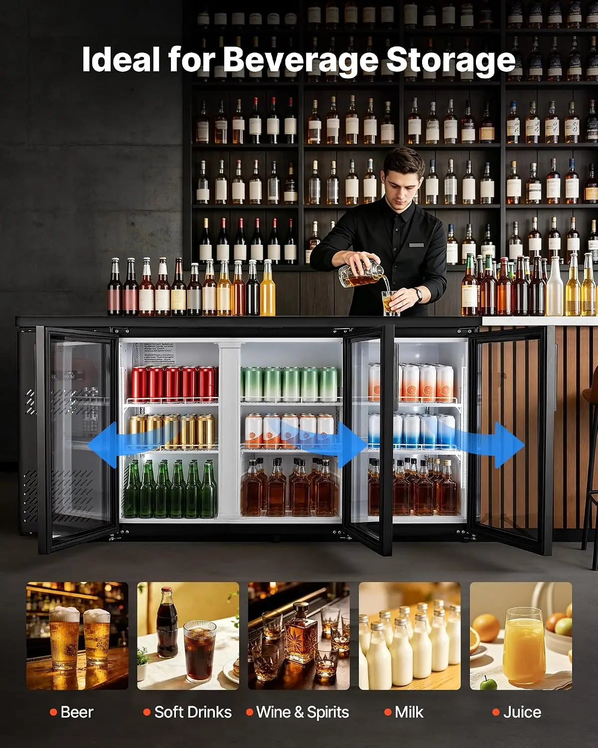 Back Bar Cooler, 19.6 Cu. Ft Counter Height Beverage Refrigerator, Commercial Bar Display Fridge w/ 3 Glass Doors, LED Lighting,