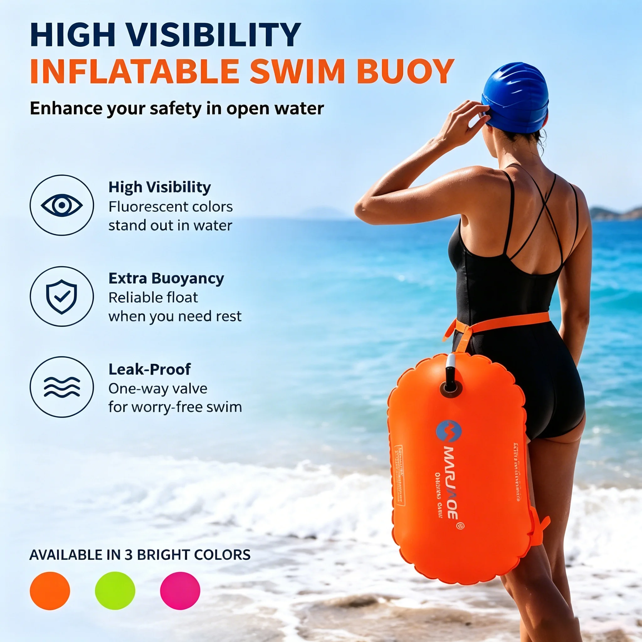 High Visible Inflatable Swimming Buoy Thick Leak-Proof PVC Swim Float with Adjustable Waist Belt for Open Water Swimming Beach