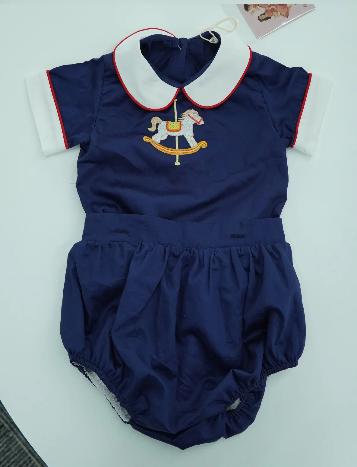Baby Girl Summer Navy Blue Merry-go-round Embroidery Vintage Boy Set Suit for Eid Causal Party Holiday B311