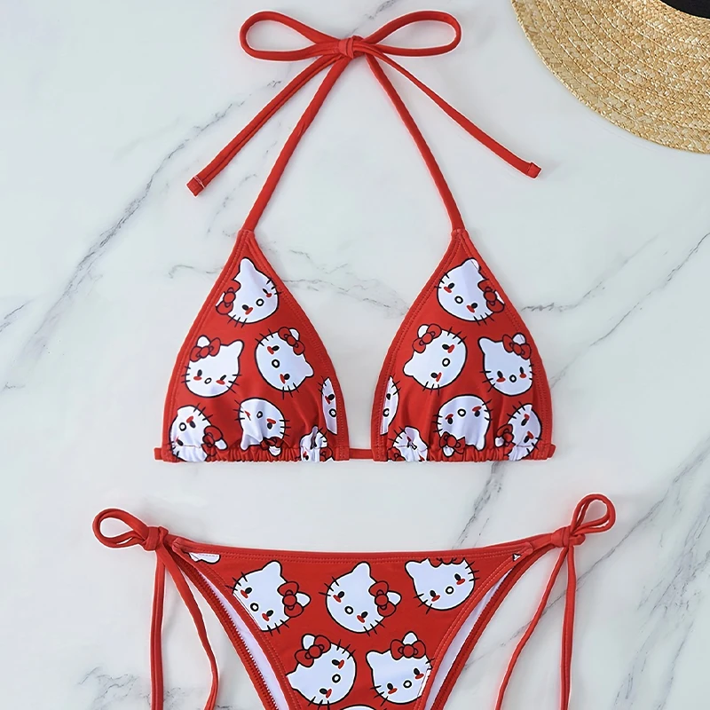 Sanrio Hello Kitty Bikini Cartoon Lingerie Girl Bikinis Summer Beach Getaways Swimsuit Set Woman Underwear Red Small Bust Bra