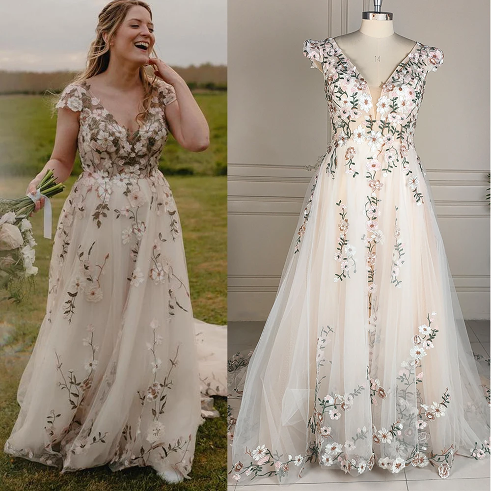 Plus Size Cap Sleeves Wedding Dress For Woodland Outdoor Party Embroidered Tulle Customized Plunge V Flower Unique Bridal Gowns