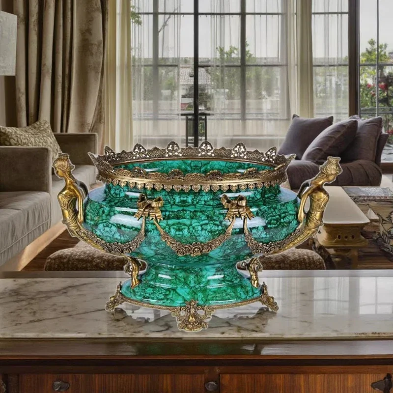 

Vintage malachite green vase European ceramic inlaid brass fruit pot, high-end luxury home decoration foyer living room