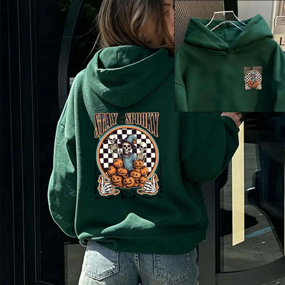 Stay Spooky Halloween Hoodie Retro Checkered Skeleton Pumpkin Rock‑on‑Hand   Sweatshirt Spooky Season Fall Holiday Casual Hooded