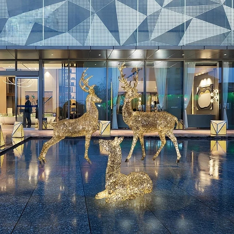 Outdoor stainless steel hollowed-out luminous deer villa courtyard sales office hotel garden landscape art sculpture ornaments