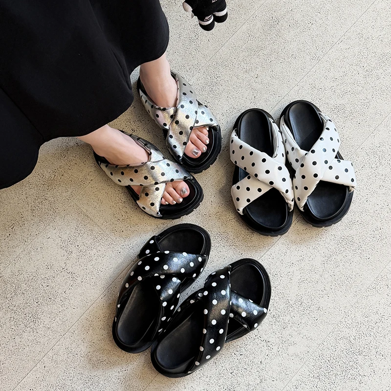 2026 summer women sandals natural leather 22-25cm sheepskin+pigskin open toe polka dot platform high heel women slippers fashion