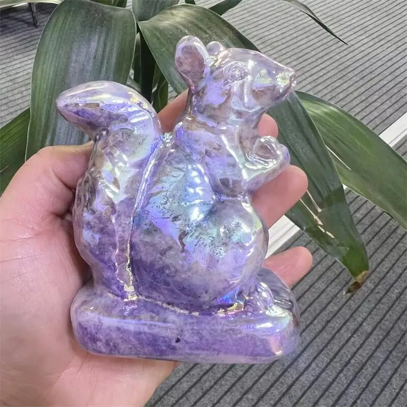 12CM Natural Aura Crystal Quartz Squirrel Carving Cute Animal Healing Ornaments Home Decoration Christmas Present 1PCS