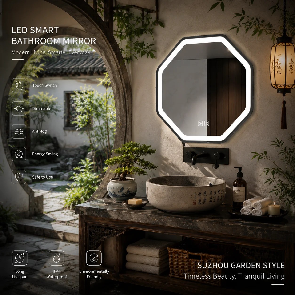 70cm Octagon LED Vanity Mirror IP44 110-220V Anti Fog Touch Dimming 3 Color Temp WallMount Aluminum Frame Gold WhiteBlack