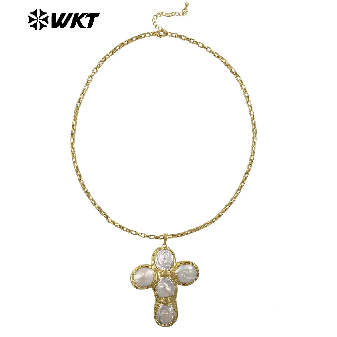 WT-JN349 Trendy 18K Gold Plated Tiny Square Chain Round Natural Freshwater Pearl Cross Pendant Necklace For Women Party Wearing