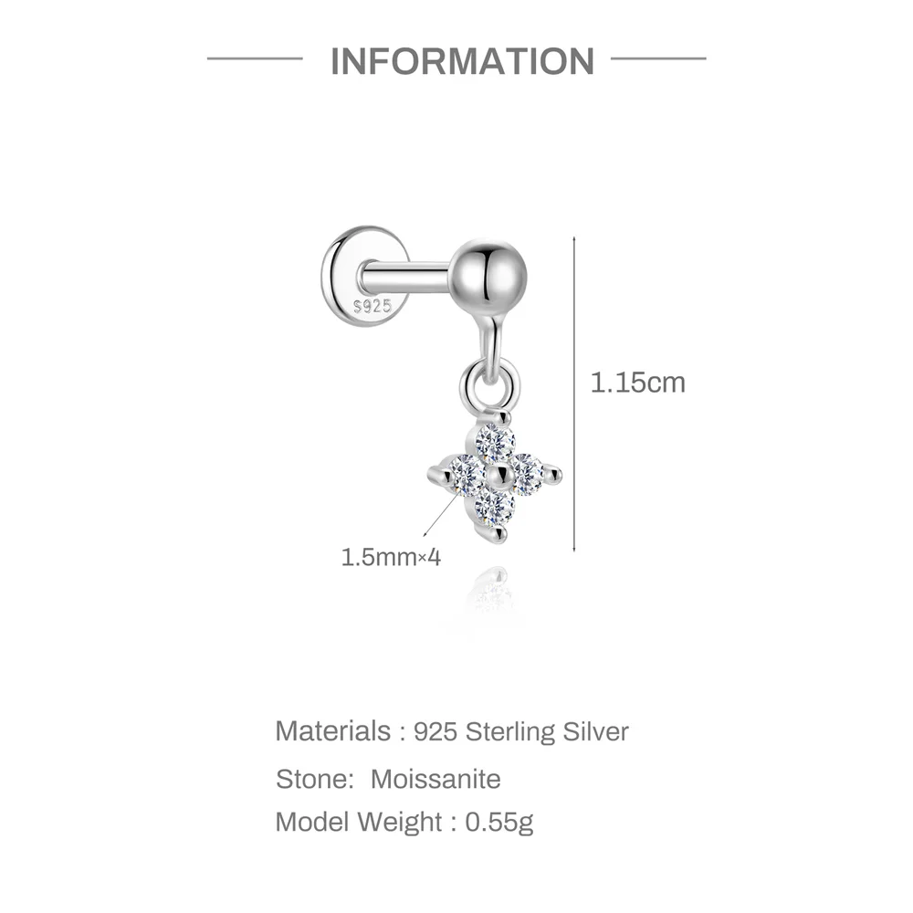 Aide 925 Sterlin Silver D Color Moissanite Piercing Stud Sparkling Floral/Leaf/Butterfly Cartilage Perfect Birthday Gift for Her