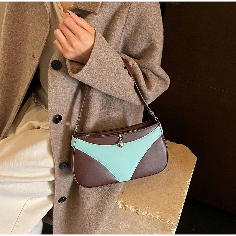 Umhängetasche, Handtasche in V-Form, kreative, modische Vintage-Handtasche für Damen, ideal für den täglichen Gebrauch und den Weg zur Arbeit, mit Farbblock-Design. – Detail 14