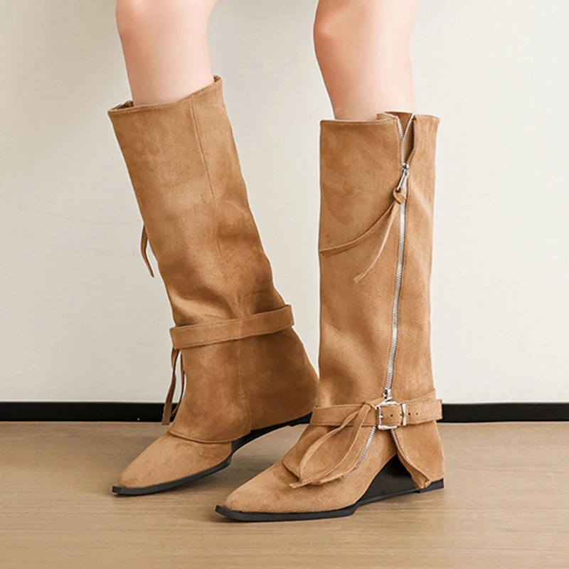 مصمم الركبة عالية الأحذية النسائية أسافين أحذية أنيقة عالية الكعب أحذية طويلة شتاء 2025 امرأة فستان مضخات الجلد المدبوغ الثلوج بوتاس موهير