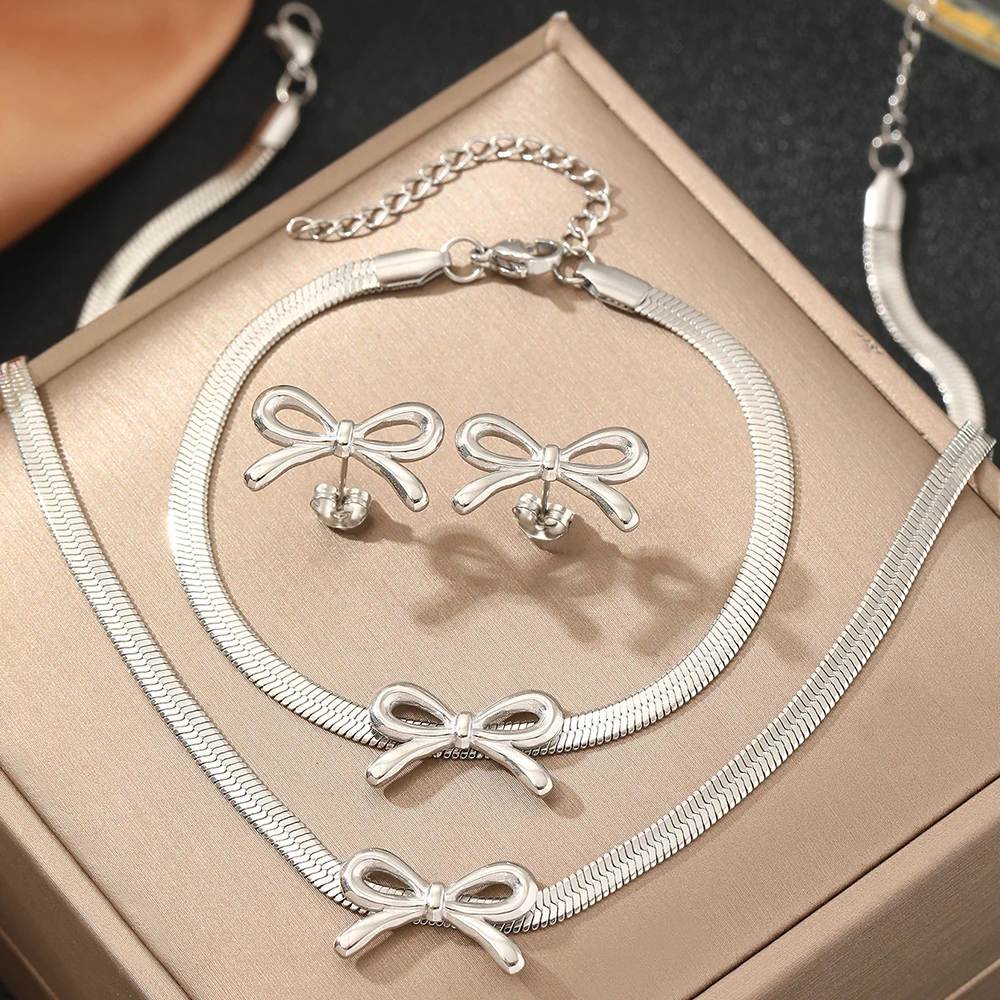 woiwoi Stainless Steel Jewelry Set Blade Chain Bow Design Bracelet Necklace Earrings 3 Piece Jewelry Set For Women Jewelry Gifts