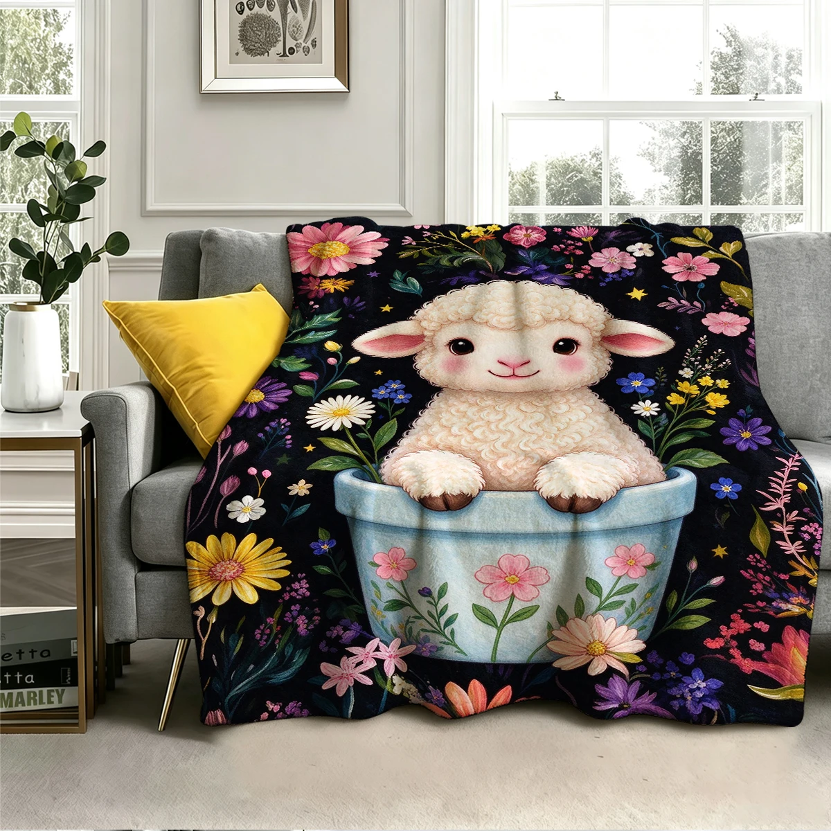 Baby Lamb Forget Me Not Pot Flannel Blanket Warm Soft Halloween Christmas Decorative Couch Warm Cozy All-Season Gift